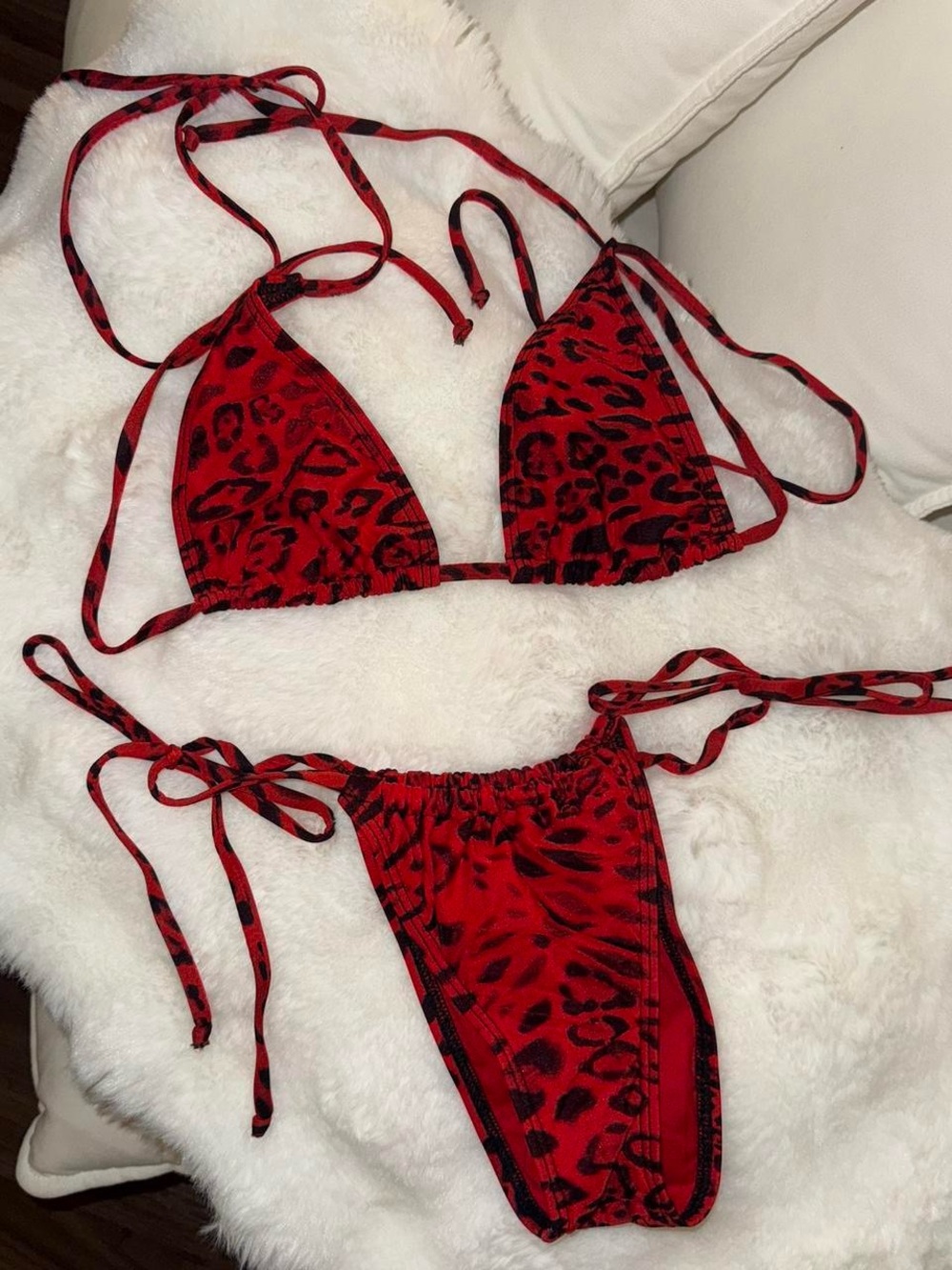 Fashion Nova Red and Black Leopard Print String Bikini